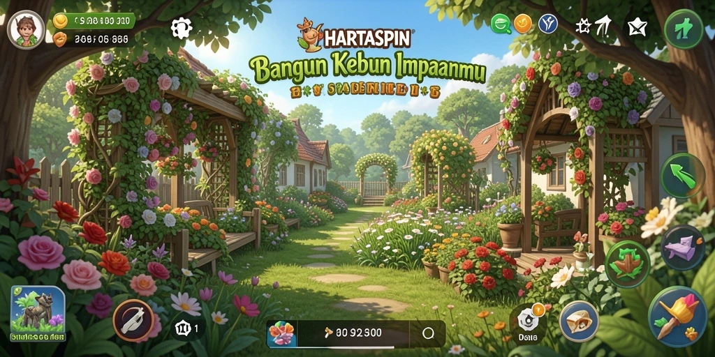 Tampilan gameplay HARTASPIN dengan kebun yang subur dan tanaman yang beragam.