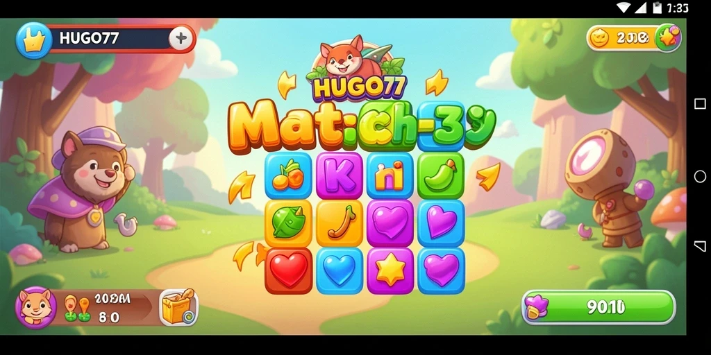 Tampilan gameplay menarik di HUGO77 dengan puzzle Match-3 yang menantang.
