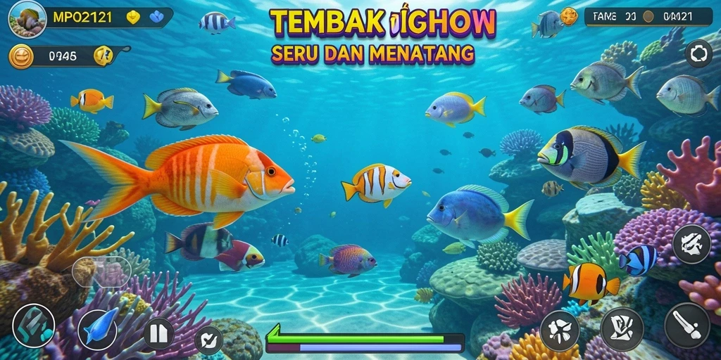 Tampilan gameplay MPO2121 dengan aksi menembak ikan yang seru.